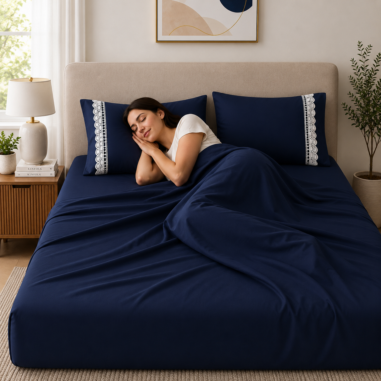 400 Thread Count 100% Organic Cotton Lace Style Navy Blue Premium Bedsheet King Size