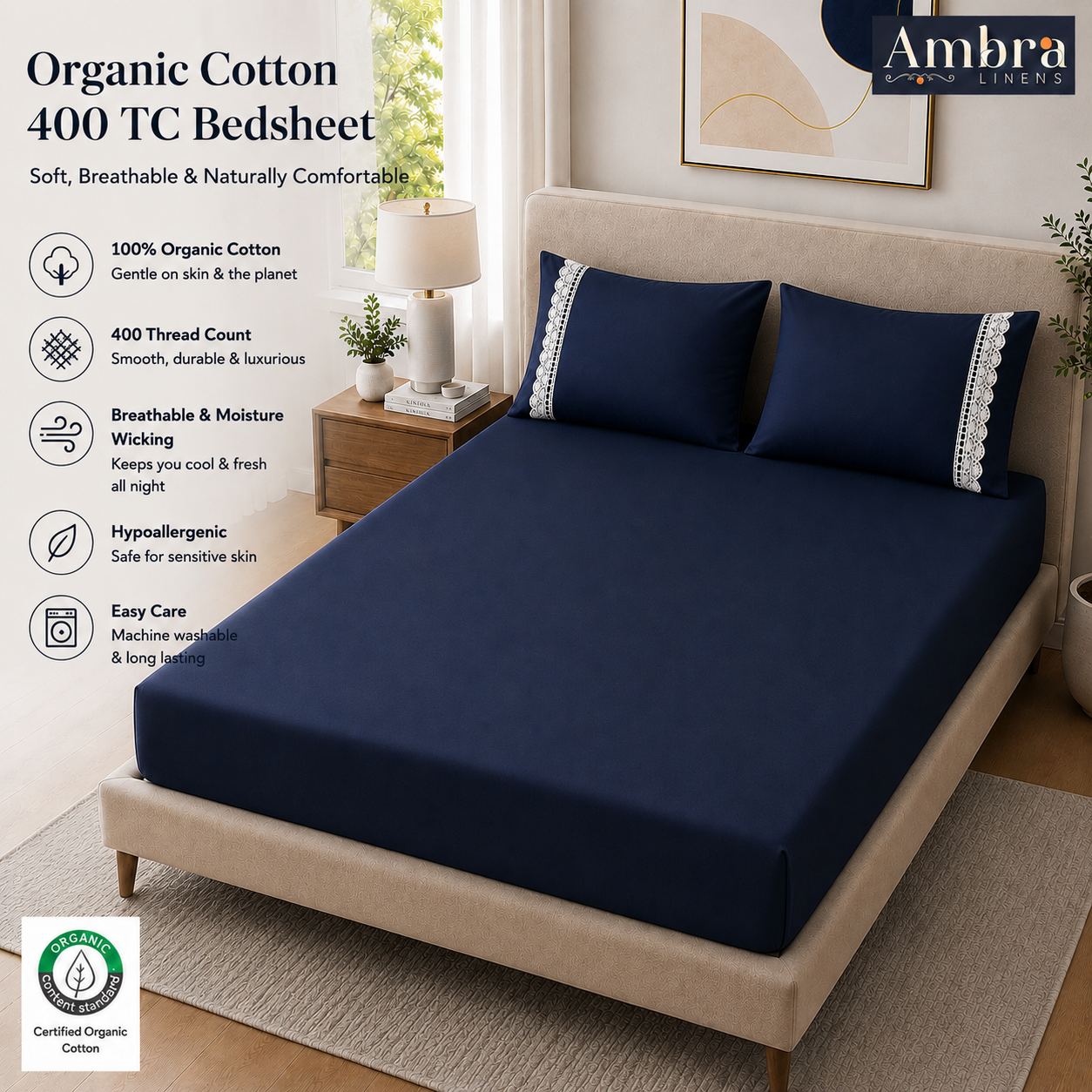 400 Thread Count 100% Organic Cotton Lace Style Navy Blue Premium Bedsheet King Size
