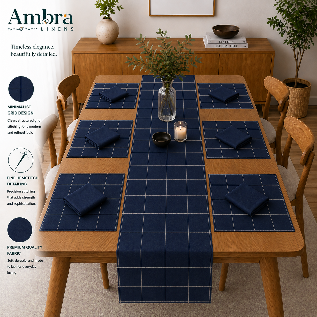 7 Pc - 1 Minimalist Grid Design Table Linen Set, 6 Placement, 6 Diner Napkins