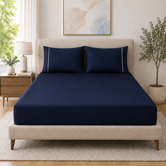 400 Thread Count 100% Organic Cotton Merrow Design Navy – Silver Premium Bedsheet King Size