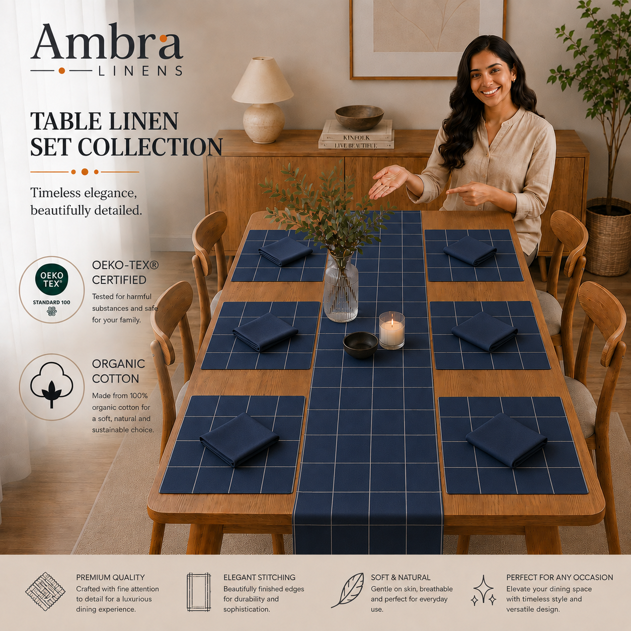 7 Pc - 1 Minimalist Grid Design Table Linen Set, 6 Placement, 6 Diner Napkins