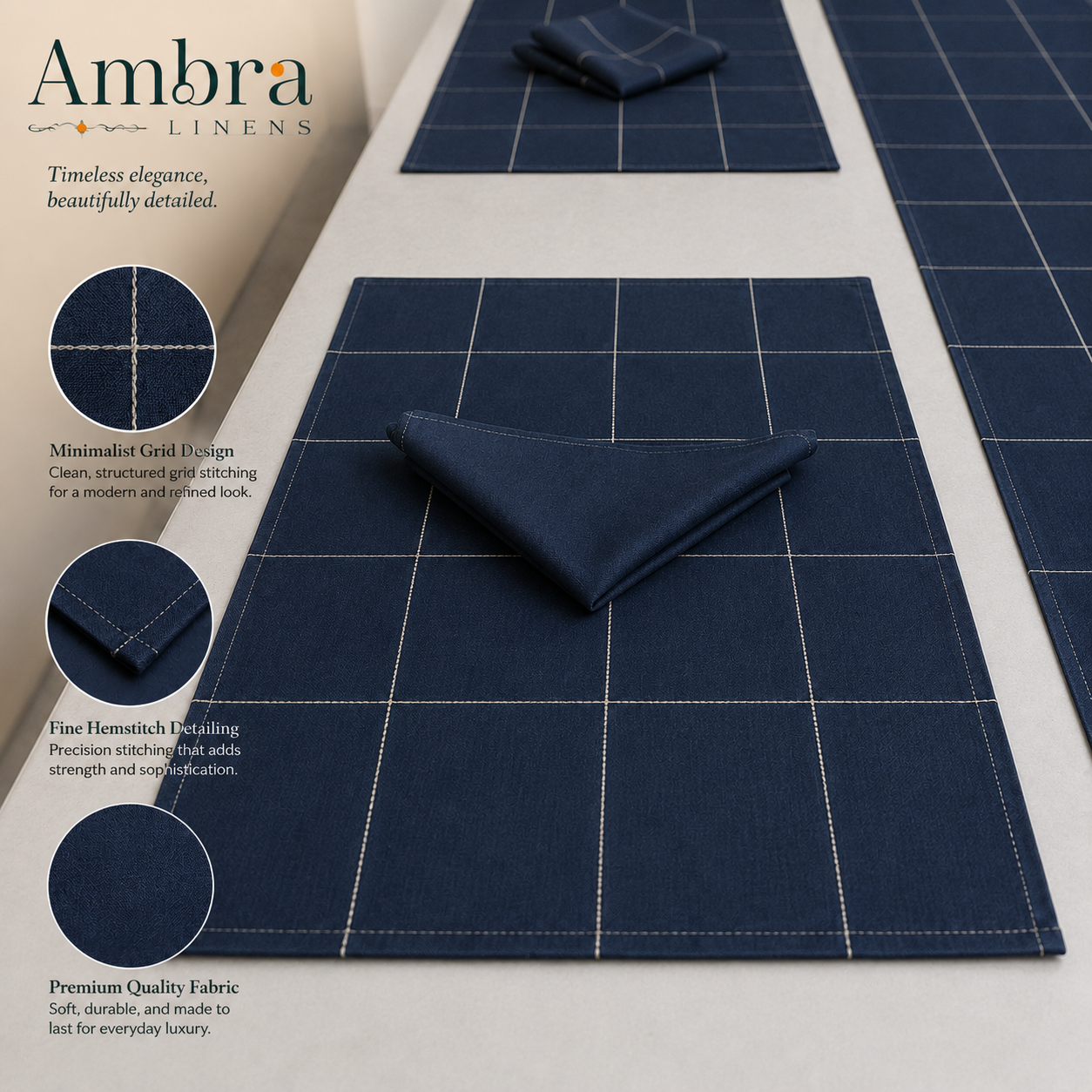 Navy Blue With Silver 7-Piece Table Linen Set | Minimalist Grid Design | 6 Placemats & 6 Dinner Napkins (Copy) (Copy) (Copy)