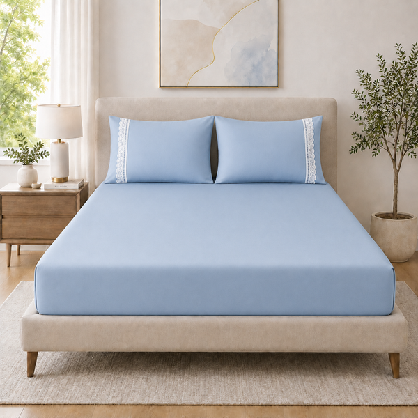 400 Thread Count 100% Organic Cotton Lace Style Pearl Blue Premium Bedsheet King Size
