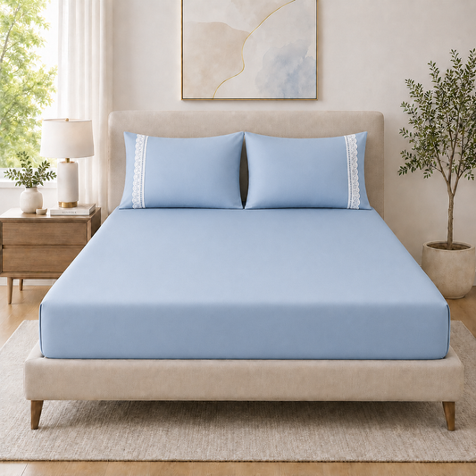 400 Thread Count 100% Organic Cotton Lace Style Pearl Blue Premium Bedsheet King Size