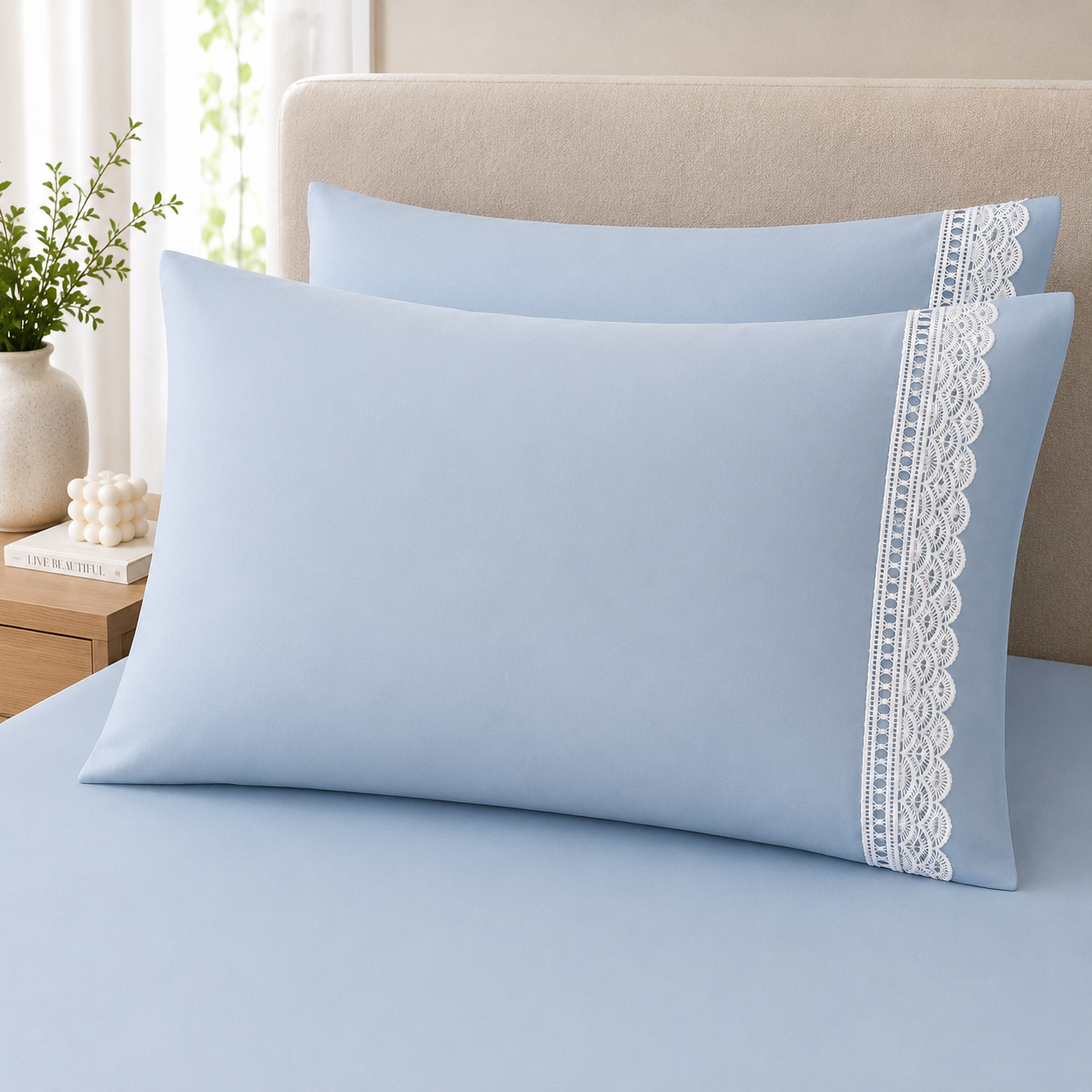 400 Thread Count 100% Organic Cotton Lace Style Pearl Blue Premium Bedsheet King Size