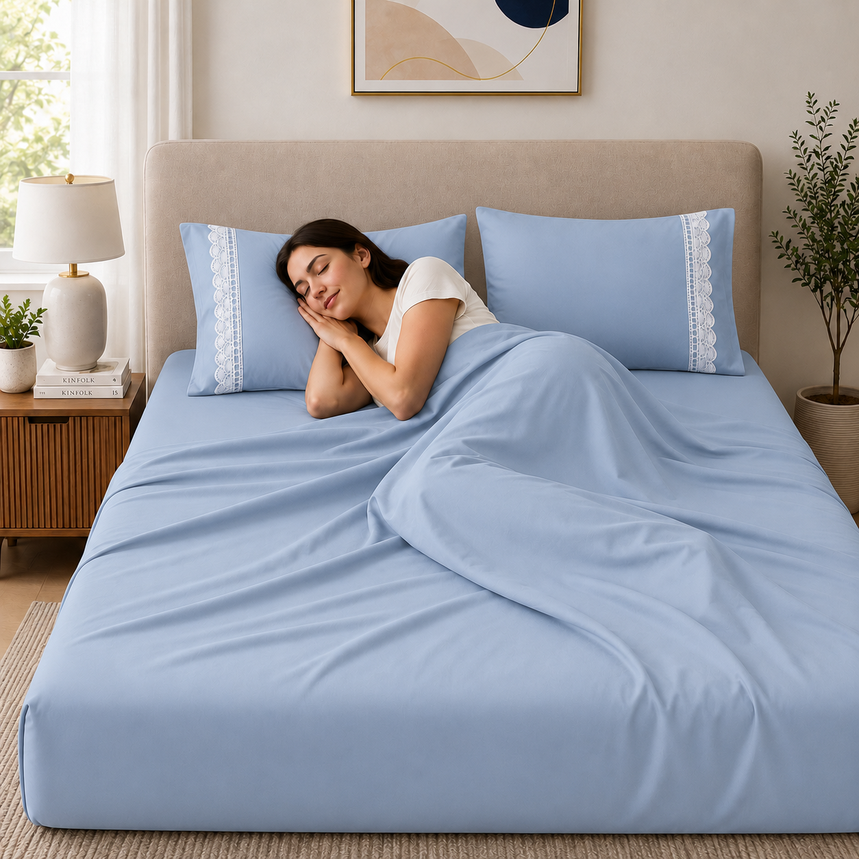 400 Thread Count 100% Organic Cotton Lace Style Pearl Blue Premium Bedsheet King Size
