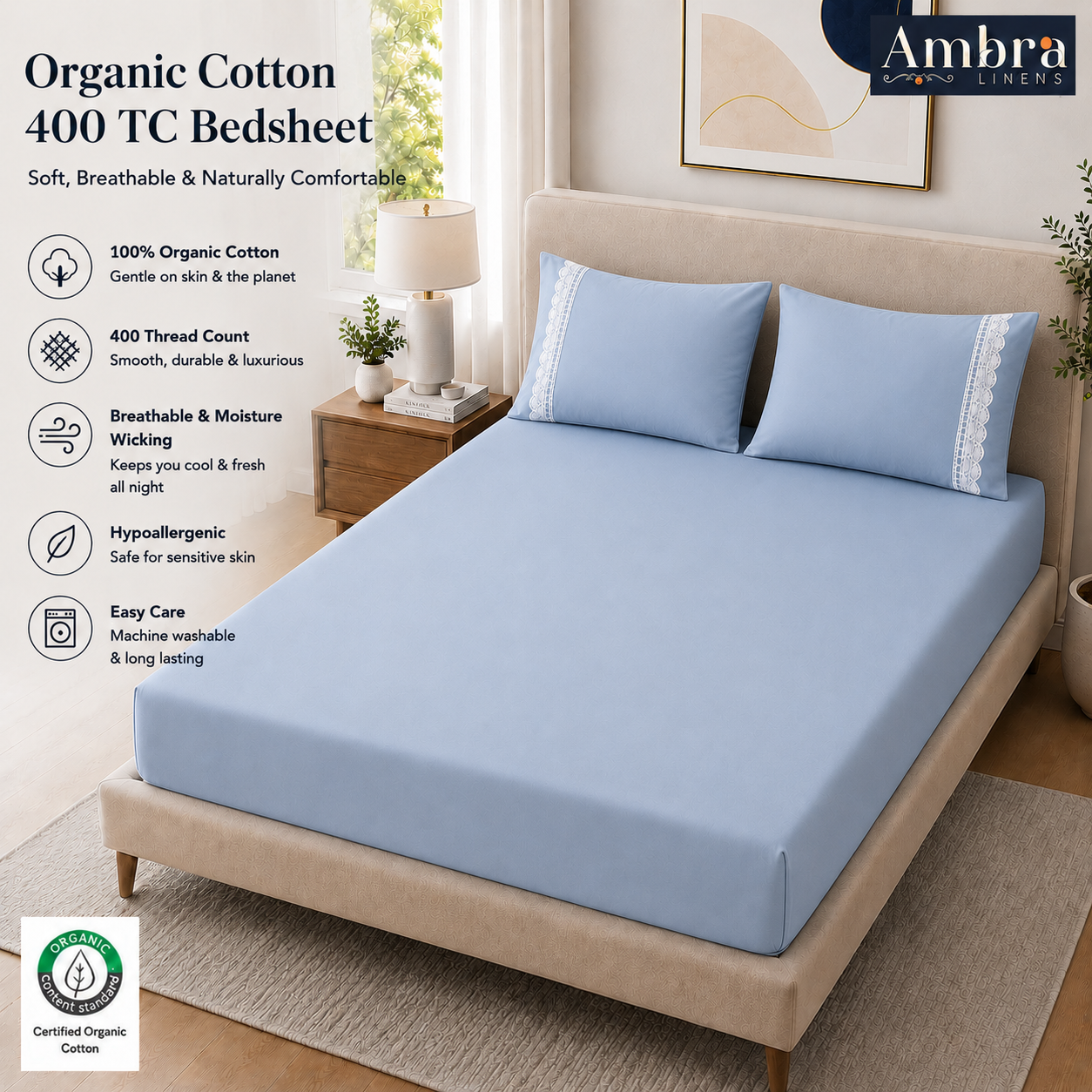 400 Thread Count 100% Organic Cotton Lace Style Pearl Blue Premium Bedsheet King Size