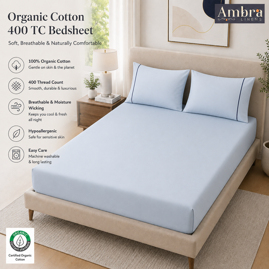 400 Thread Count 100% Organic Cotton Merrow Design Pearl Blue – Navy Premium Bedsheet King Size