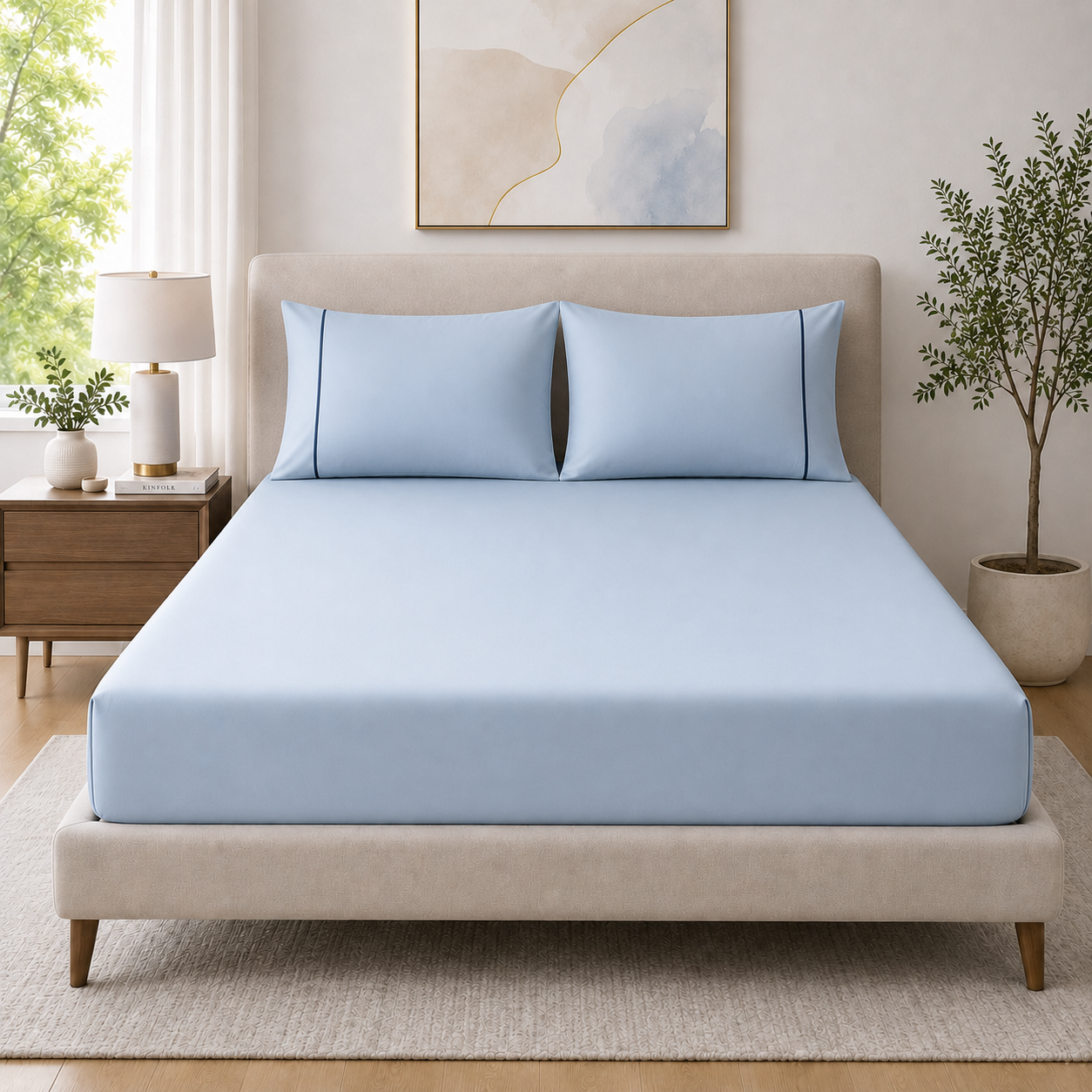 400 Thread Count 100% Organic Cotton Merrow Design Pearl Blue – Navy Premium Bedsheet King Size