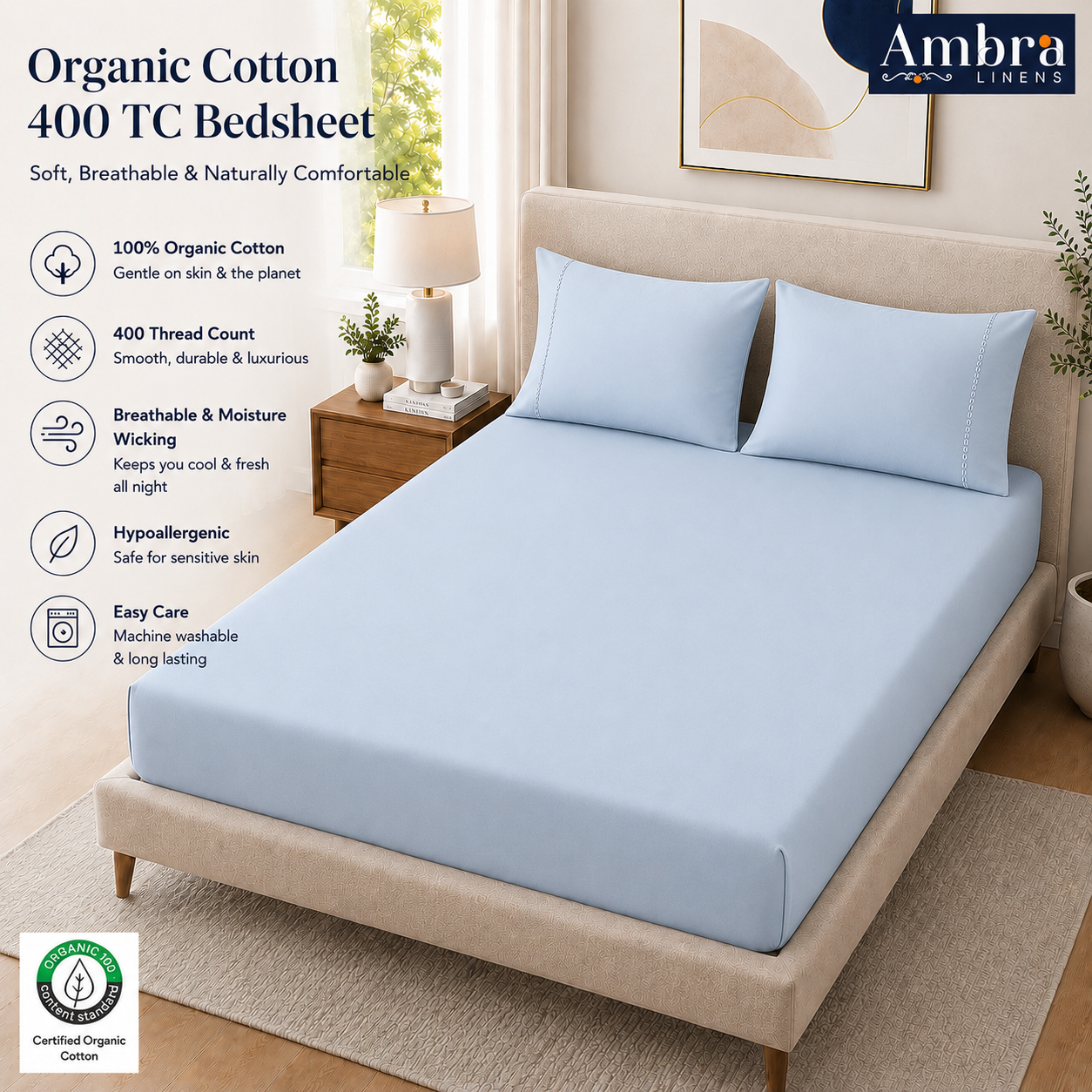 400 Thread Count 100% Organic Cotton Fagoting Style Pearl Blue Premium Bedsheet King Size