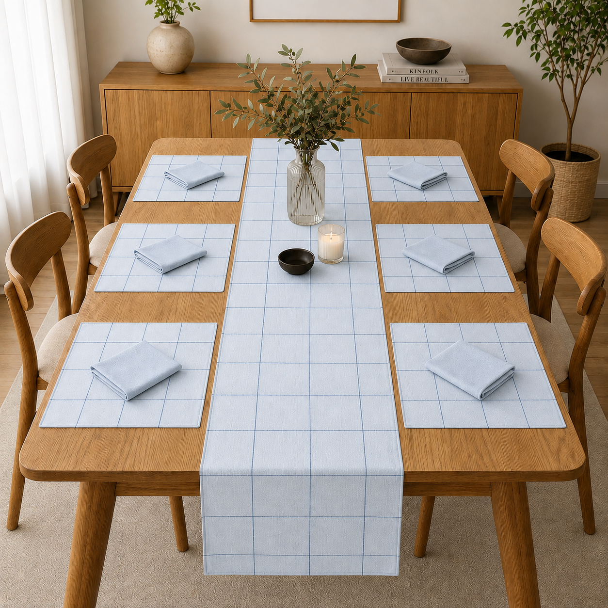 7 Pc - 1 Minimalist Grid Design Table Linen Set, 6 Placement, 6 Diner Napkins
