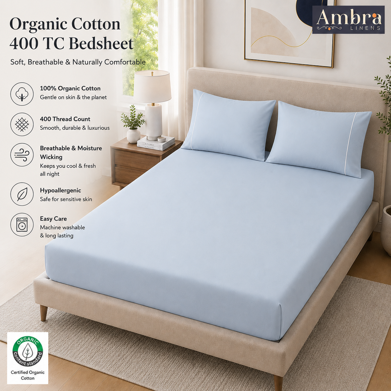 400 Thread Count 100% Organic Cotton Merrow Design Pearl Blue – White Premium Bedsheet King Size