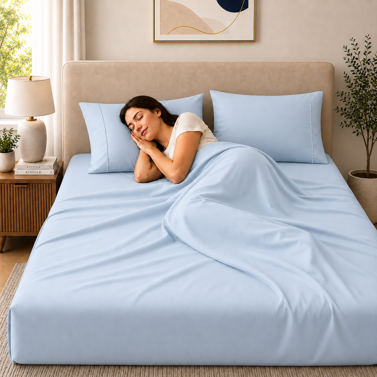 400 Thread Count 100% Organic Cotton Fagoting Style Pearl Blue Premium Bedsheet King Size