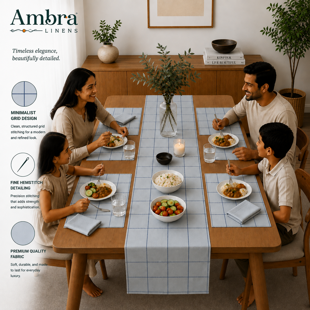 Pearl Blue With Navy 7-Piece Table Linen Set | Minimalist Grid Design | 6 Placemats & 6 Dinner Napkins (Copy) (Copy)