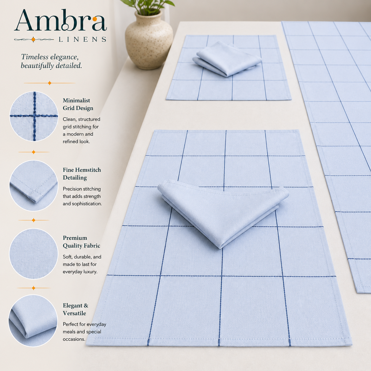 Pearl Blue With Navy 7-Piece Table Linen Set | Minimalist Grid Design | 6 Placemats & 6 Dinner Napkins (Copy) (Copy)