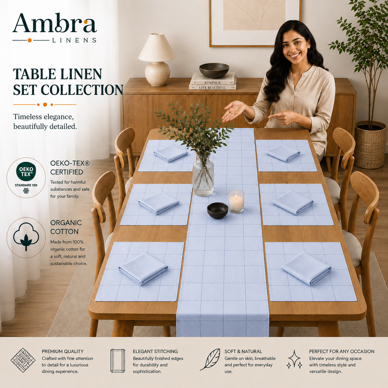 7 Pc - 1 Minimalist Grid Design Table Linen Set, 6 Placement, 6 Diner Napkins