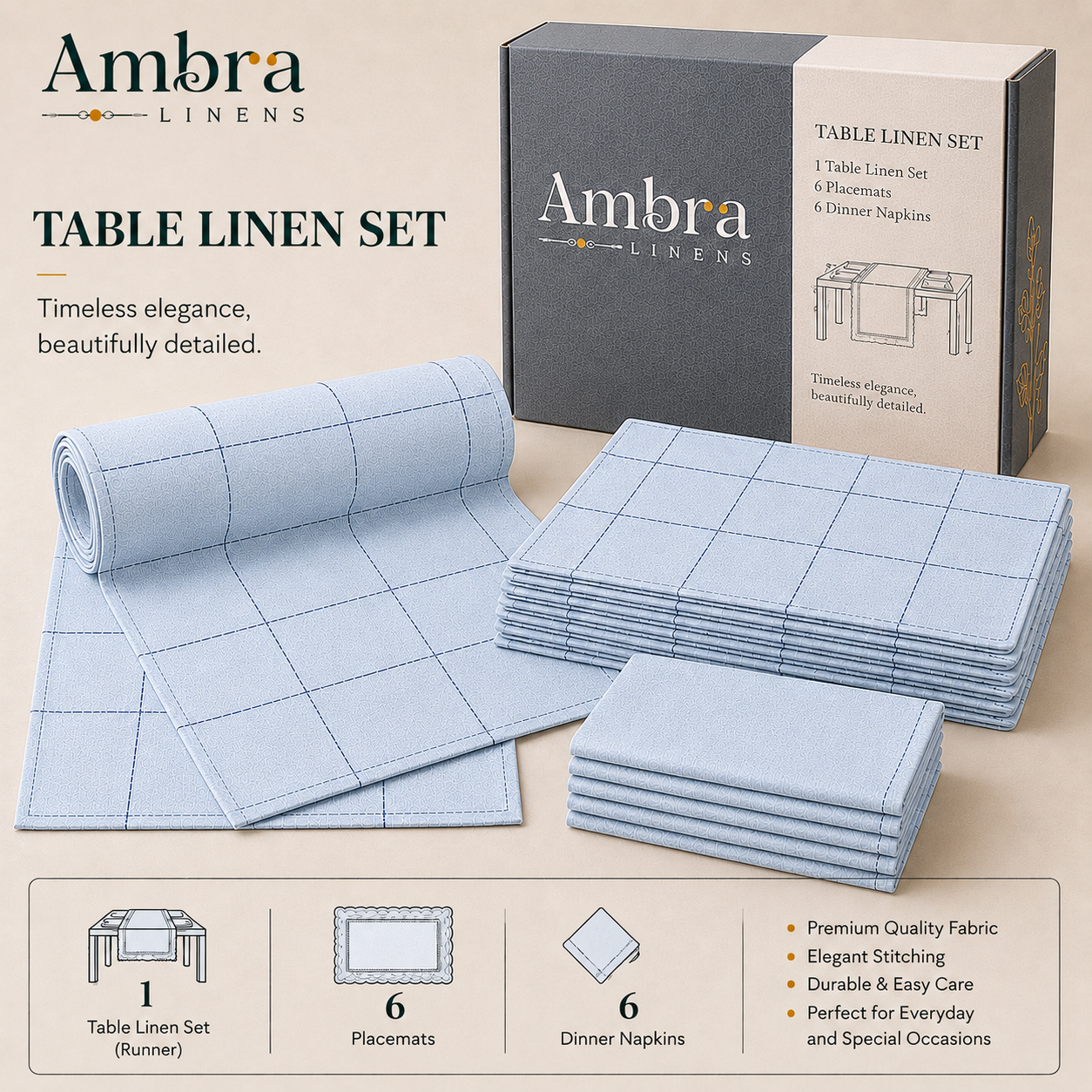 Pearl Blue With Navy 7-Piece Table Linen Set | Minimalist Grid Design | 6 Placemats & 6 Dinner Napkins (Copy) (Copy)