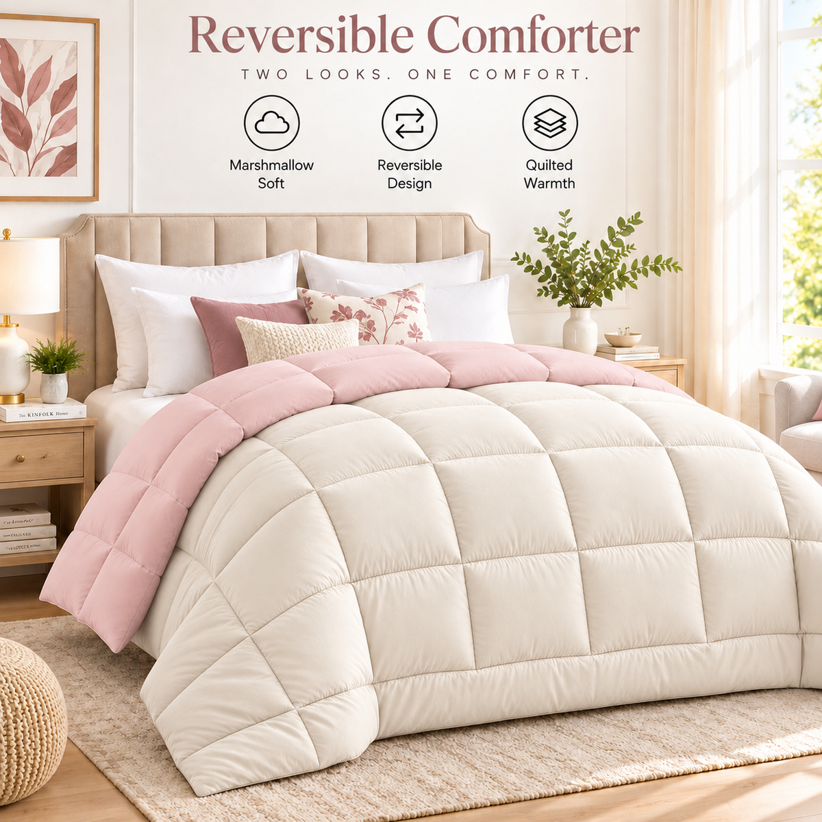 300 GSM Reversible Microfiber Pink And Cream Comforter – Double Bed | Soft, Fluffy & All-Season