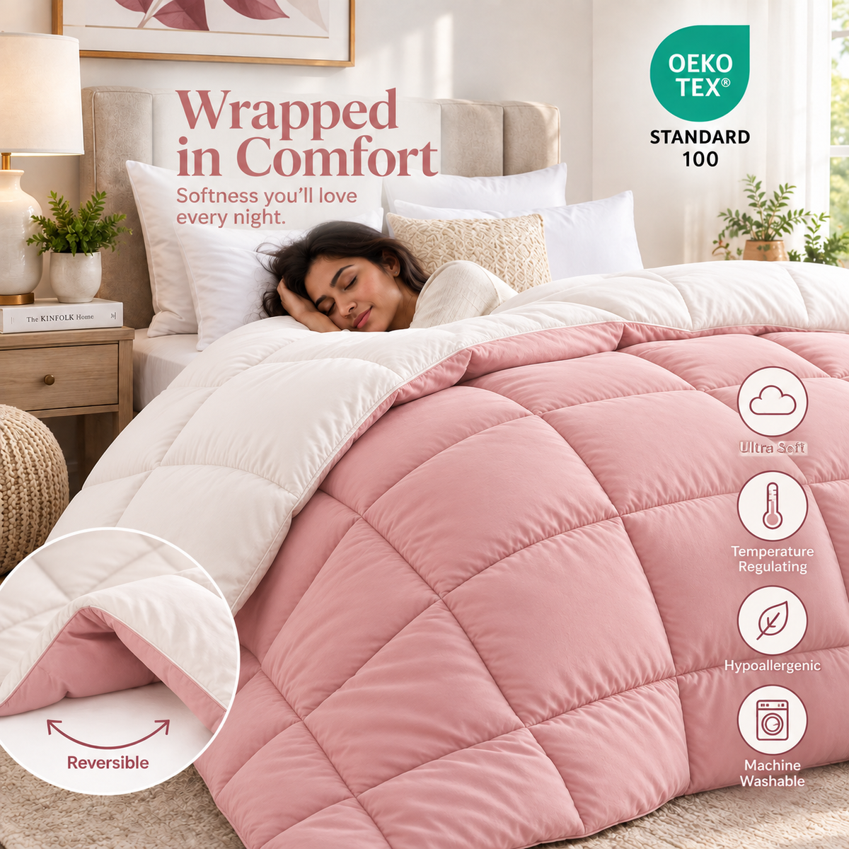 300 GSM Reversible Microfiber Pink And Cream Comforter – Double Bed | Soft, Fluffy & All-Season