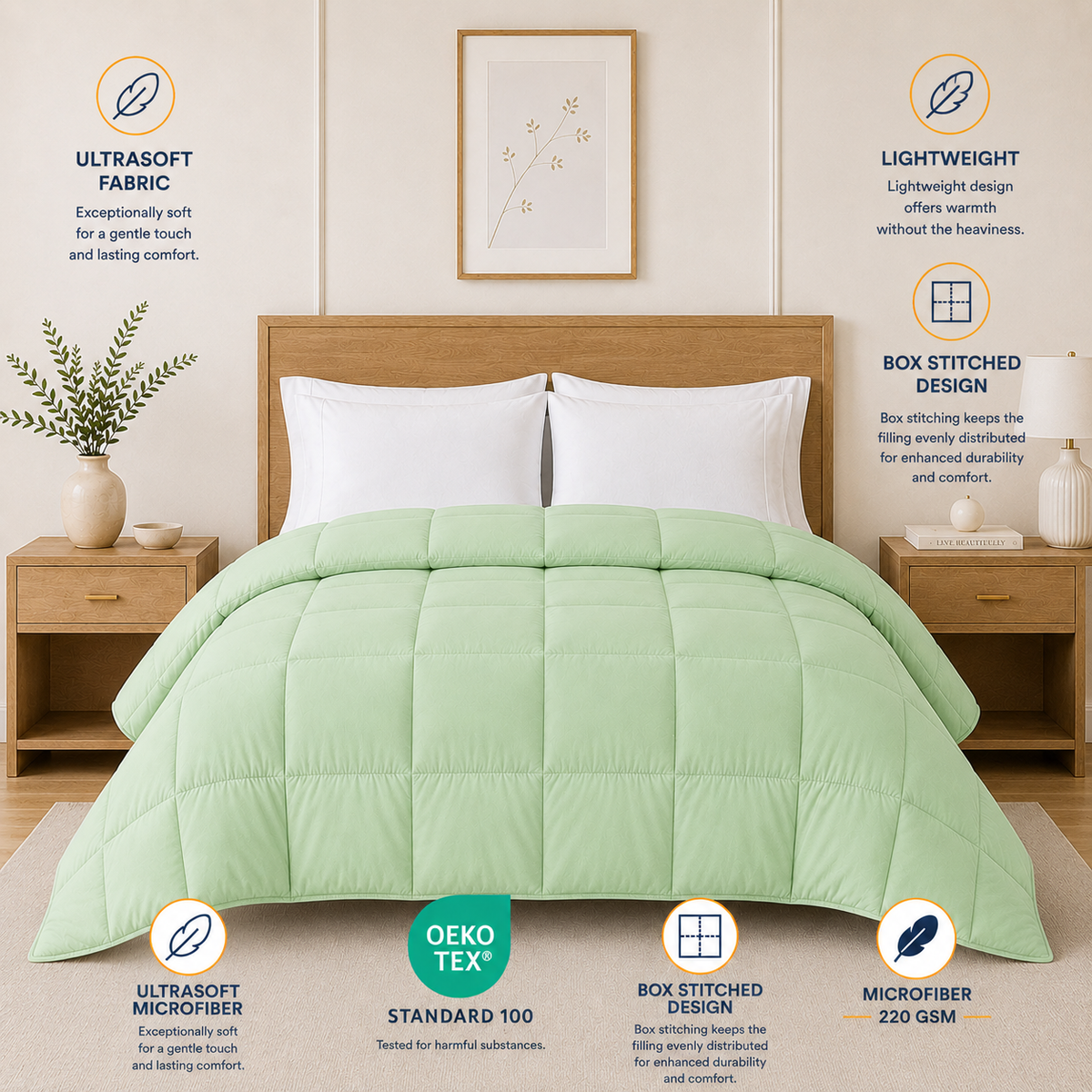 Solid Sage Microfiber Comforter – 220 GSM All-Season AC Comforter & Blanket
