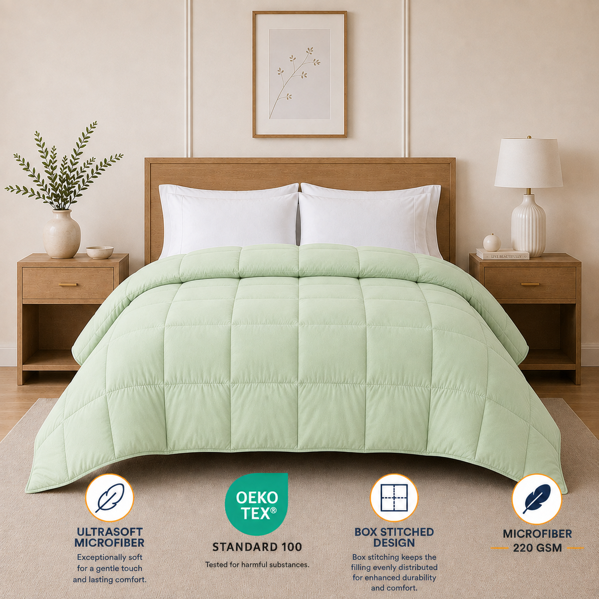Solid Sage Microfiber Comforter – 220 GSM All-Season AC Comforter & Blanket