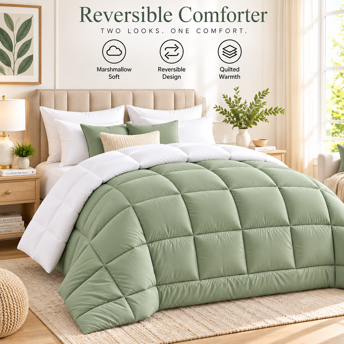 300 GSM Reversible Microfiber Sage And White Blue Comforter – Double Bed | Soft, Fluffy & All-Season