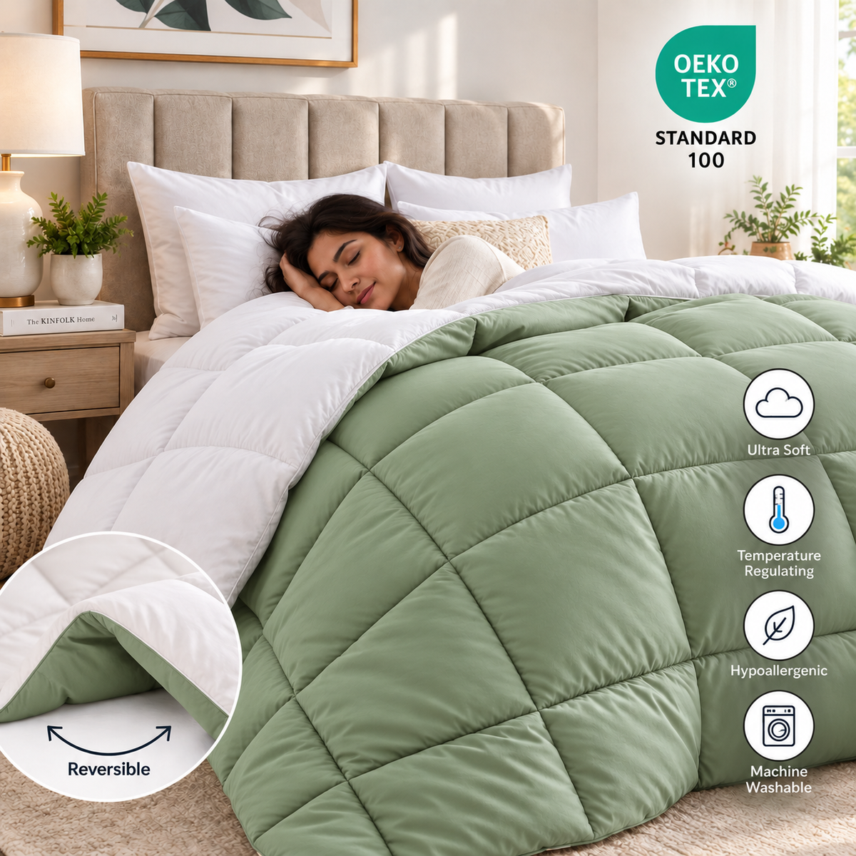 300 GSM Reversible Microfiber Sage And White Blue Comforter – Double Bed | Soft, Fluffy & All-Season