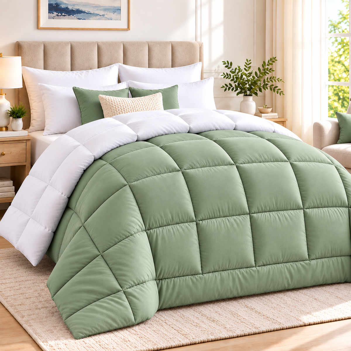 300 GSM Reversible Microfiber Sage And White Blue Comforter – Double Bed | Soft, Fluffy & All-Season