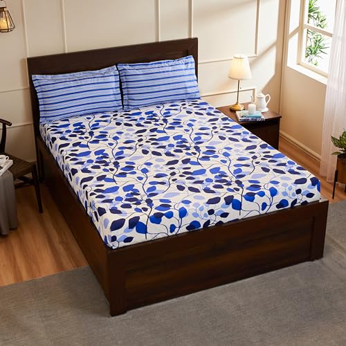Blue Leaf Printed Queen Flat Bedsheet with 2 Pillow Covers
