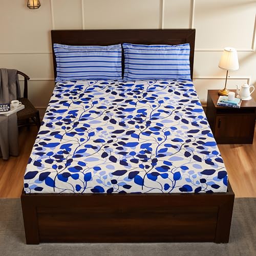 Blue Leaf Printed Queen Flat Bedsheet with 2 Pillow Covers