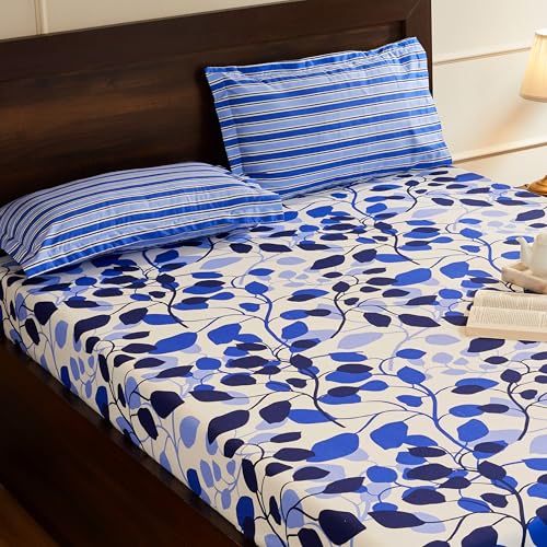 Blue Leaf Printed Queen Flat Bedsheet with 2 Pillow Covers