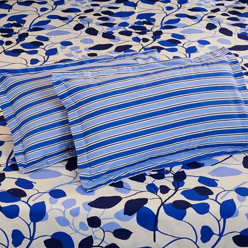 Blue Leaf Printed Queen Flat Bedsheet with 2 Pillow Covers