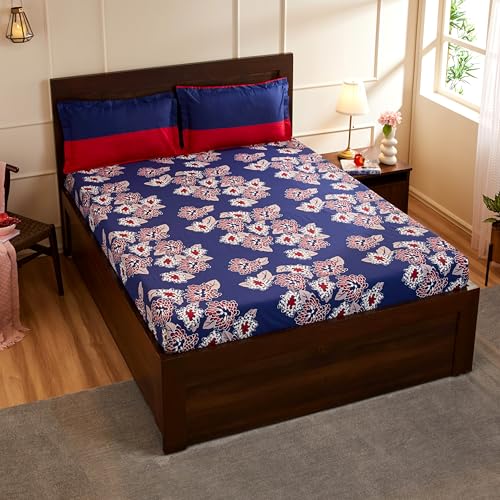 Navy Blue Floral Printed Queen Flat Bedsheet with 2 Pillow Covers