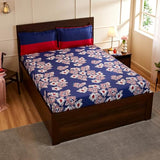 Navy Blue Floral Printed Queen Flat Bedsheet with 2 Pillow Covers