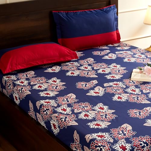 Navy Blue Floral Printed Queen Flat Bedsheet with 2 Pillow Covers