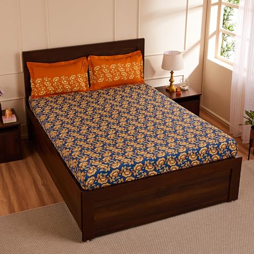 Blue & Orange Floral Printed Queen Flat Bedsheet with 2 Pillow Covers