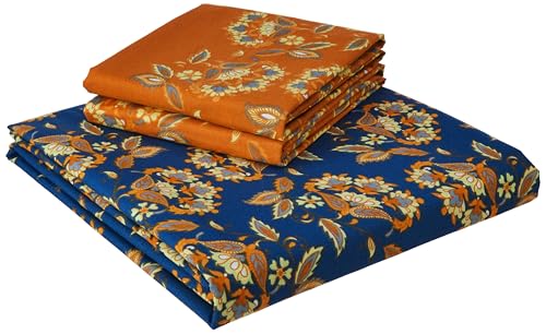 Blue & Orange Floral Printed Queen Flat Bedsheet with 2 Pillow Covers
