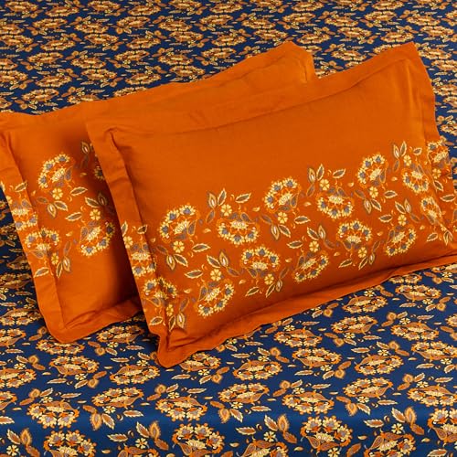 Blue & Orange Floral Printed Queen Flat Bedsheet with 2 Pillow Covers
