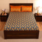 Blue & Orange Floral Printed Queen Flat Bedsheet with 2 Pillow Covers