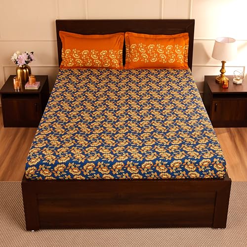 Blue & Orange Floral Printed Queen Flat Bedsheet with 2 Pillow Covers
