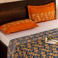 Blue & Orange Floral Printed Queen Flat Bedsheet with 2 Pillow Covers