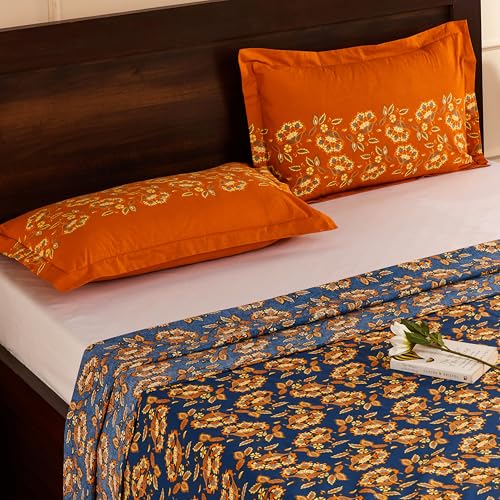 Blue & Orange Floral Printed Queen Flat Bedsheet with 2 Pillow Covers