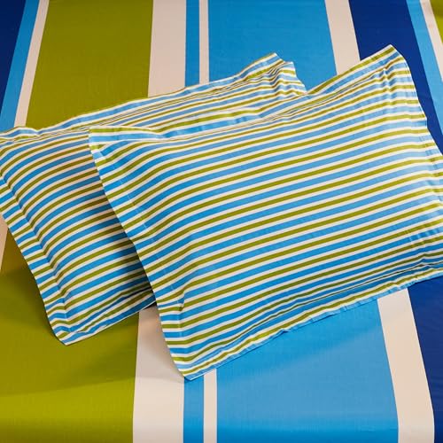 Blue & Green Striped Queen Flat Bedsheet with 2 Pillow Covers