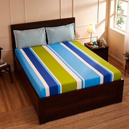 Blue & Green Striped Queen Flat Bedsheet with 2 Pillow Covers