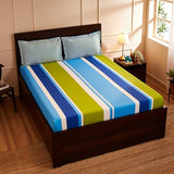 Blue & Green Striped Queen Flat Bedsheet with 2 Pillow Covers