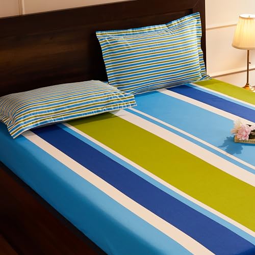 Blue & Green Striped Queen Flat Bedsheet with 2 Pillow Covers