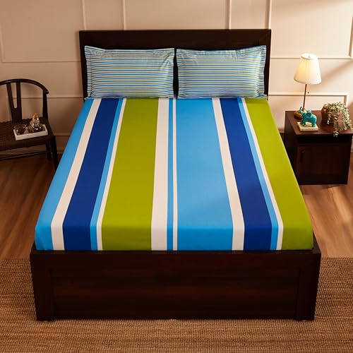 Blue & Green Striped Queen Flat Bedsheet with 2 Pillow Covers
