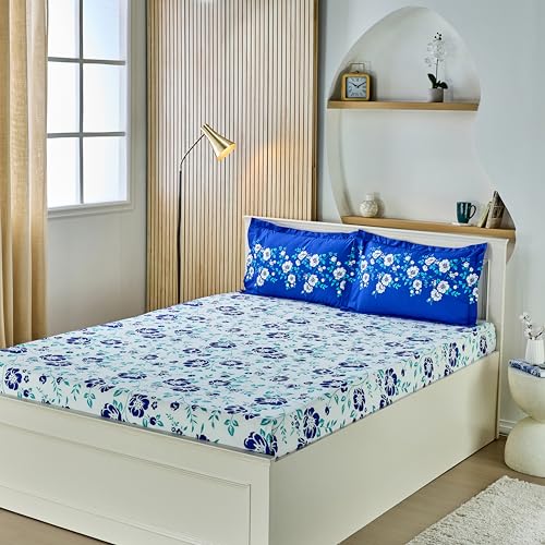 Blue Floral Printed Queen Flat Bedsheet with 2 Pillow Covers