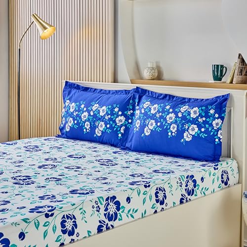 Blue Floral Printed Queen Flat Bedsheet with 2 Pillow Covers
