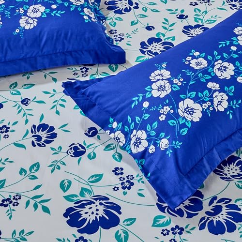 Blue Floral Printed Queen Flat Bedsheet with 2 Pillow Covers